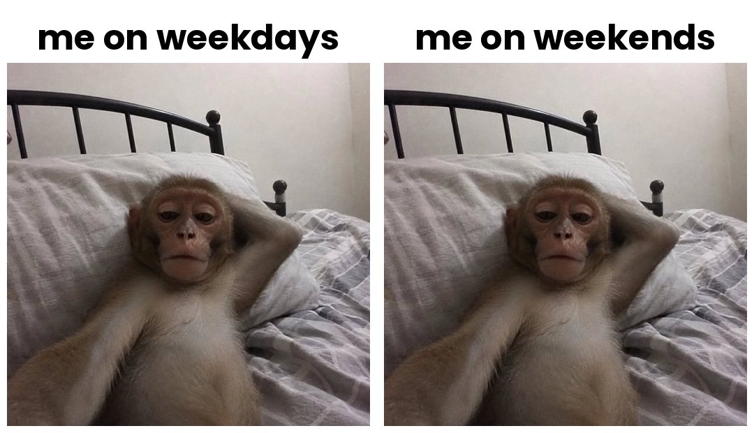 me on weekdays vs me on weekends, identical